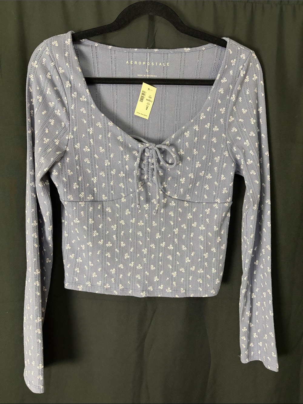Aeropostale Light Blue Floral Tie-Front Ribbed Crop Top